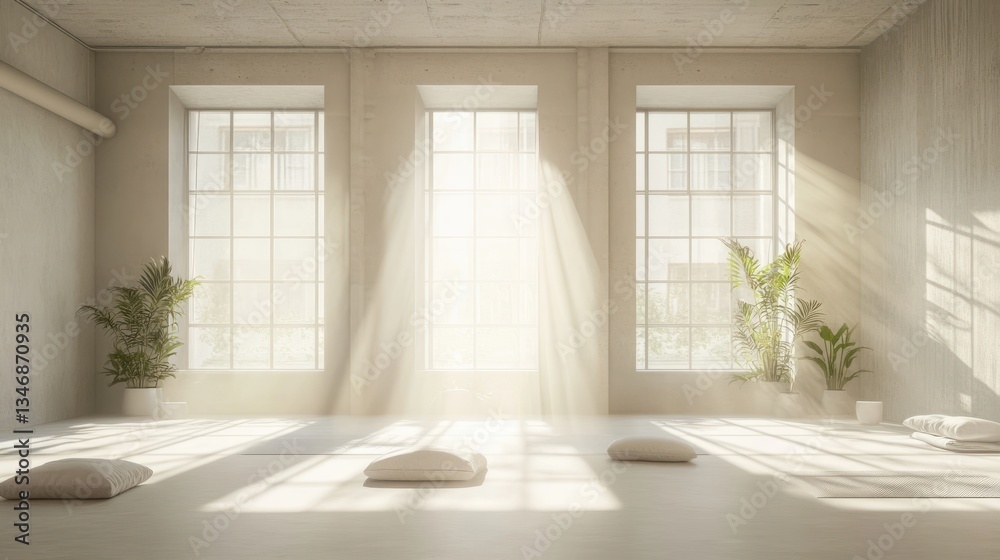 Fototapeta premium Bright and serene yoga studio with sunlight streaming through windows illuminating plants and cushions