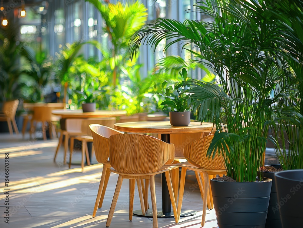 Obraz premium modern working space featuring natural materials, bright green plants, and wooden furniture creates serene atmosphere for productivity and relaxation