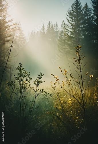 Sunlit forest meadow with morning mist and wildflowers.