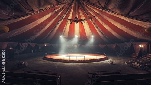 Inside vintage circus tent with spotlight on stage dramatic lighting grand spectacle event space setting