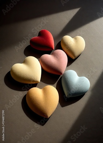 Six Pastel Heart-Shaped Objects on Dark Surface