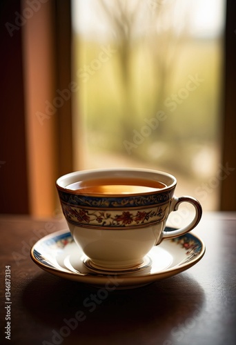 Elegant teacup with floral design and saucer by window