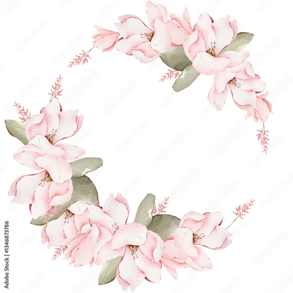Naklejka premium Watercolor Magnolia Flower Wreath: Delicate Pink Flowers, Leaves, Hand Painted Botanical Illustration on Transparent Background, Floral arrangement ideal for Wedding Invitations, Bridal Shower Design