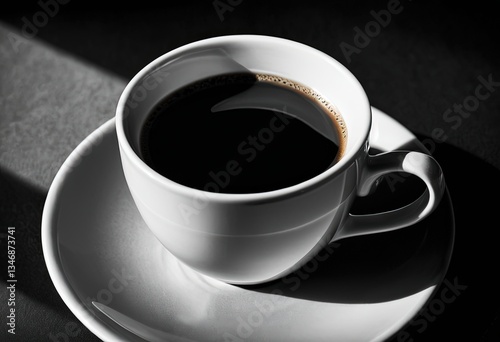 Black and white image of a cup of black coffee cup absorbing morning light reflections