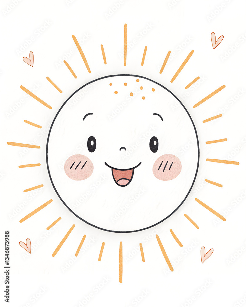 Happy smiling sun character with rays and hearts on a white background Happy smiling sun character with rays and hearts on a white background