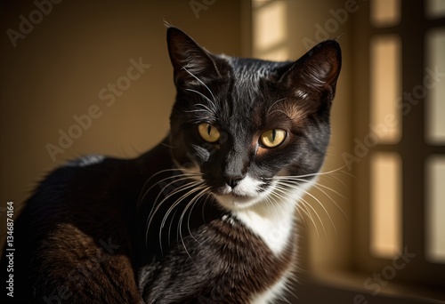A black and white cat is sitting on a window sill with sunlight shining on it.