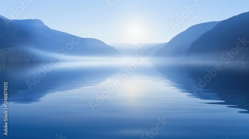 Misty Mountain Lake Sunrise Reflection Scenic Landscape.