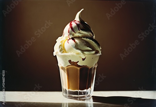 A tall glass filled with ice cream and whipped cream is placed on a table.
