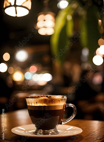 Coffee in Glass Cup on Saucer in Cafe Setting