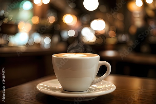 Cappuccino in White Cup on Wooden Table in Cafe Setting