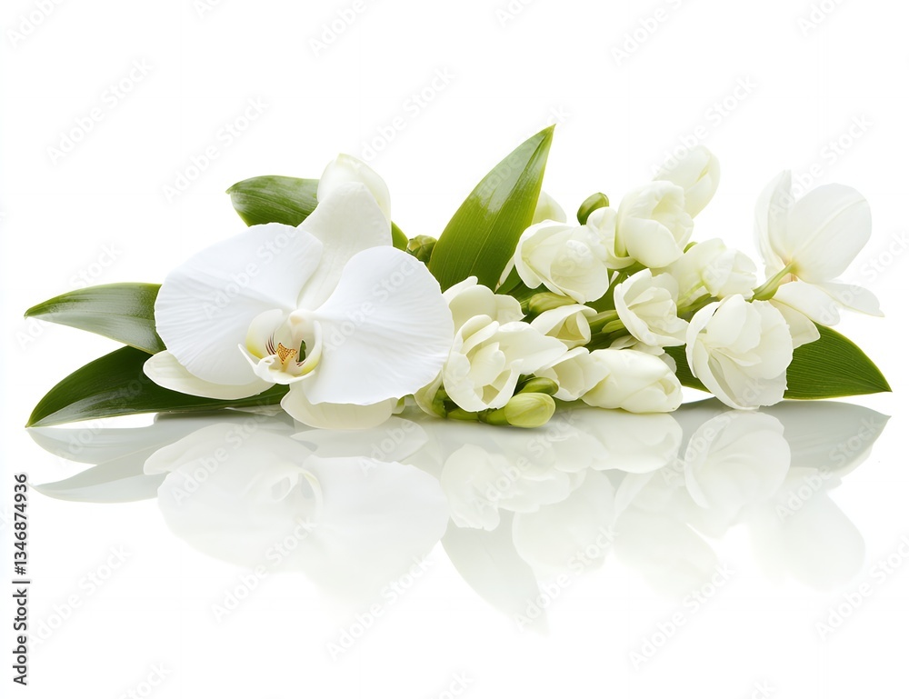 Fototapeta premium Elegant White Orchid and Freesia Flowers Bouquet Studio Shot on White Background