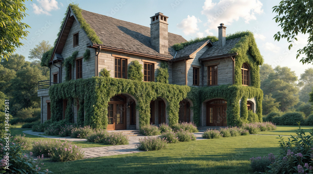 Obraz premium A large house with a green ivy growing on the roof