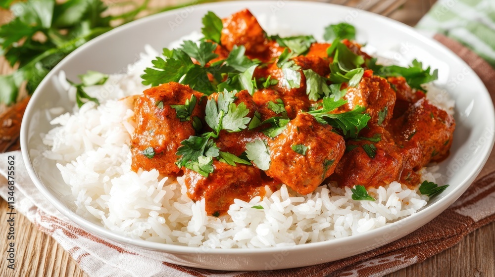 Authentic chicken tikka masala with fluffy rice served on a white plate for a delicious meal Authentic chicken tikka masala with fluffy rice served on a white plate for a delicious meal