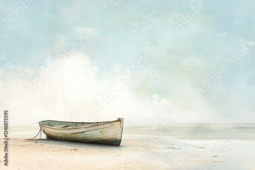 Fototapeta Naklejka Na Ścianę i Meble -  A weathered wooden boat rests on a tranquil sandy beach under a serene, pale sky.
