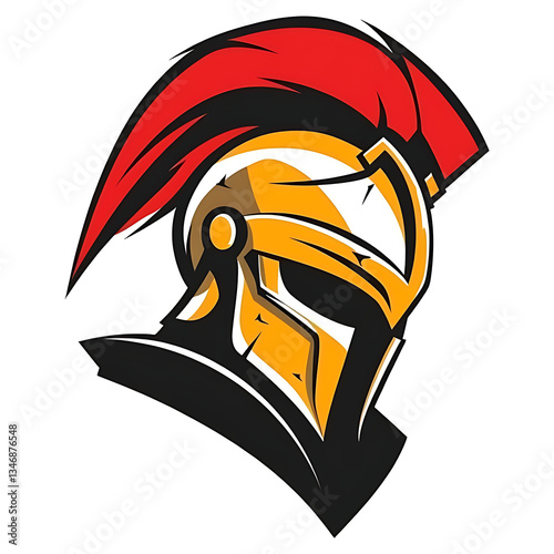 Stylized warrior helmet, Spartan emblem design, red and black gladiator helmet logo