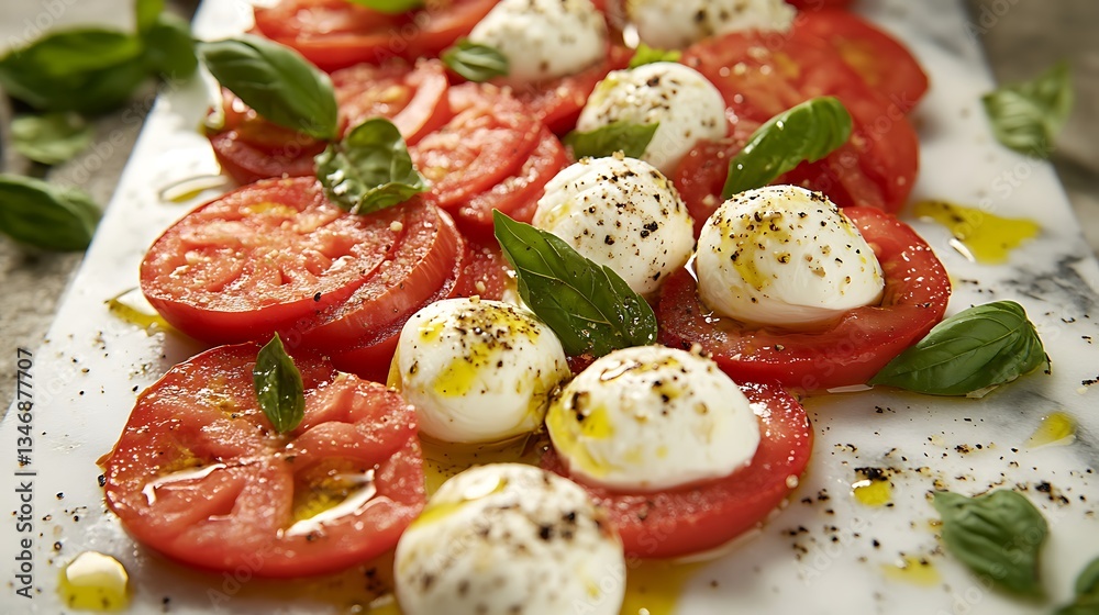 Fresh mozzarella balls resting a marble slab accompanied by sliced tomatoes basil leaves and a drizzle of olive oil showcasing a classic Caprese inspiration Fresh mozzarella balls resting a marble slab accompanied by sliced tomatoes basil leaves and a drizzle of olive oil showcasing a classic Caprese inspiration