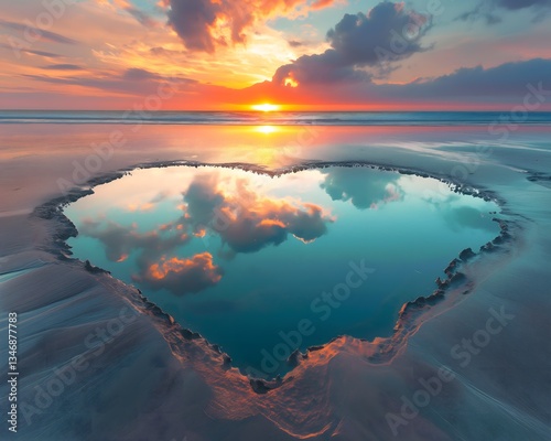 Heart-Shaped Reflection of Sunset on Beach