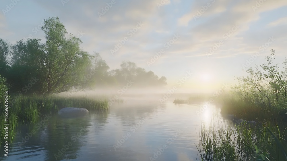 Obraz premium Expansive wetlands reserve with early morning mist and deep green foliage high resolution wallpaper