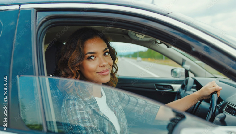Smiling Woman in a Car: A cheerful woman, radiating confidence, sits behind the wheel of a car, glancing at the camera with a subtle smile, ready for her next adventure Smiling Woman in a Car: A cheerful woman, radiating confidence, sits behind the wheel of a car, glancing at the camera with a subtle smile, ready for her next adventure