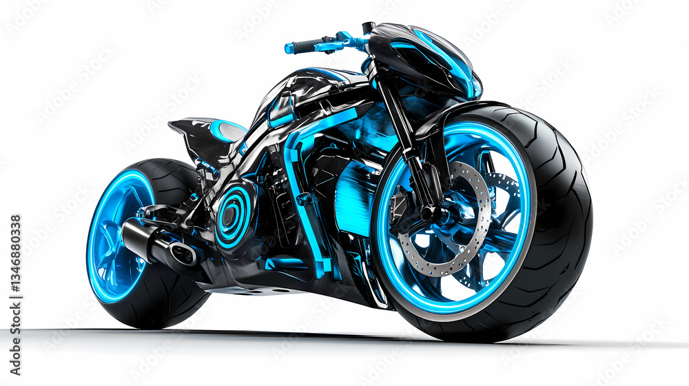 Futuristic Motorcycle: An electric motorcycle showcases cutting-edge design, with luminous blue accents and sleek lines, embodying the essence of speed and innovation. Futuristic Motorcycle: An electric motorcycle showcases cutting-edge design, with luminous blue accents and sleek lines, embodying the essence of speed and innovation.