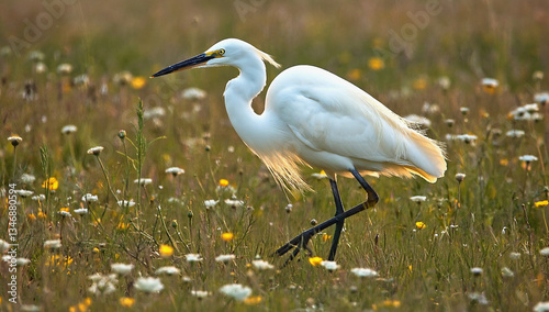 Snowy Egret in a Meadow: A graceful snowy egret strides through a vibrant meadow of wildflowers and long grass, its bright white feathers illuminated by sunlight.