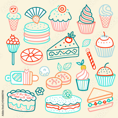 Desserts and sweets illustration in pastel colors on a light background  