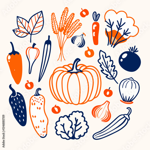 Colorful assortment of fruits and vegetables in trendy style  