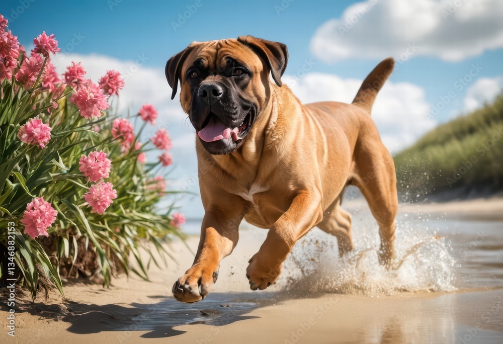 Obraz premium bullmastiff dog running on the beach, mastiff playing outdoors on the sand of the coast near the ocean, in a sunny day, under a blue sky, happy doggy in the nature on the shores close to the water