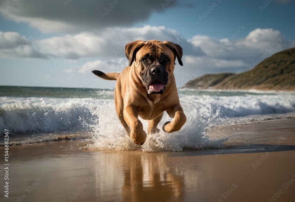 bullmastiff dog running on the beach, mastiff playing outdoors on the sand of the coast near the ocean, in a sunny day, under a blue sky, happy doggy in the nature on the shores close to the water bullmastiff dog running on the beach, mastiff playing outdoors on the sand of the coast near the ocean, in a sunny day, under a blue sky, happy doggy in the nature on the shores close to the water