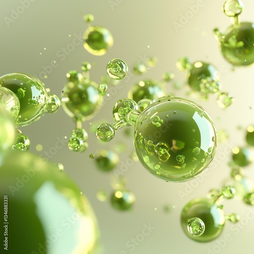 Eco-friendly green spheres and molecules rendered in 3D, perfect for sustainability themes.