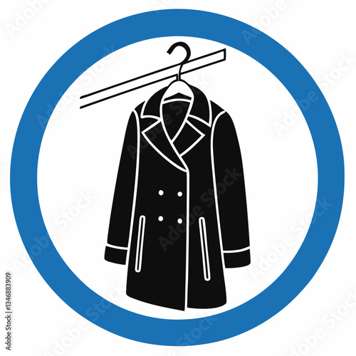Wardrobe sign for outerwear with an image of a coat on a hanger inside a blue circle