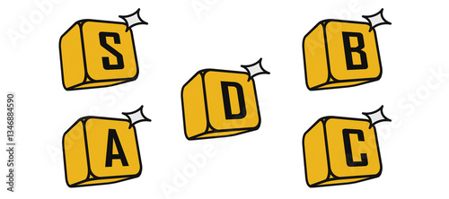 Lettered Cube Arrangement: A playful illustration showcasing a collection of bright golden cubes, each prominently displaying a different letter, creating a visually appealing abstract design. 