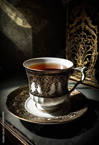 Exquisite black and gold tea cup with intricate patterns
