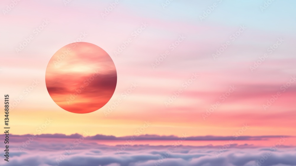 Fototapeta premium Large circular element featu a stunning sunset sky overlaying a serene landscape of pastel-colored clouds at either sunrise or sunset time of day