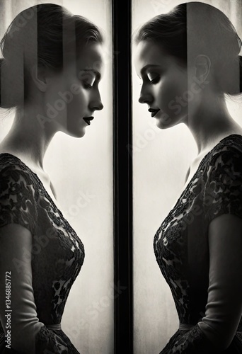 Mirrored Profile of Woman in Black Lace Dress