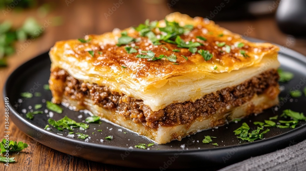 Close up culinary delight savory burek layered pastry filled ground meat topped parsley dish on wooden table Close up culinary delight savory burek layered pastry filled ground meat topped parsley dish on wooden table