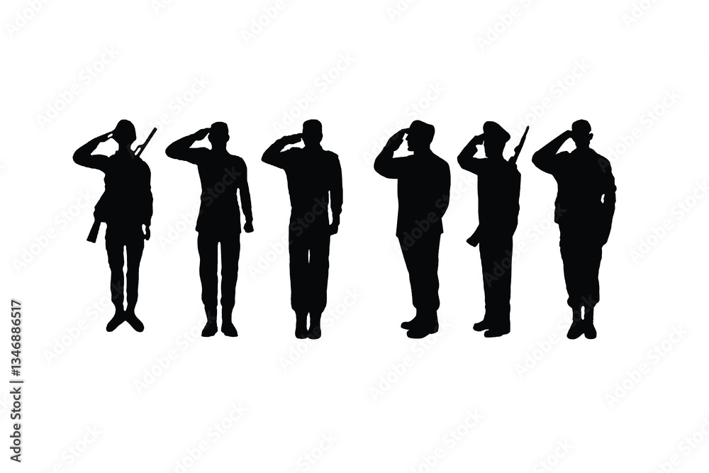 Obraz premium group of people. vector silhouettes of people . force officer are saluteing. army soldier giving salute silhouette vector illustration design.