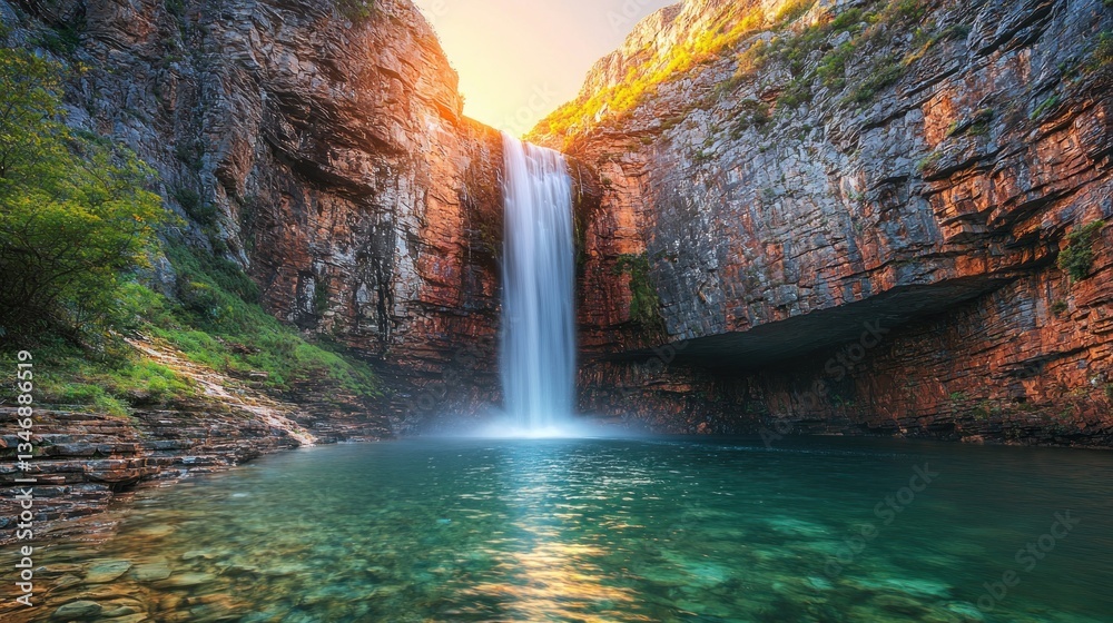 Fototapeta premium Dramatic waterfall cascading into emerald pool in a rocky canyon at sunrise