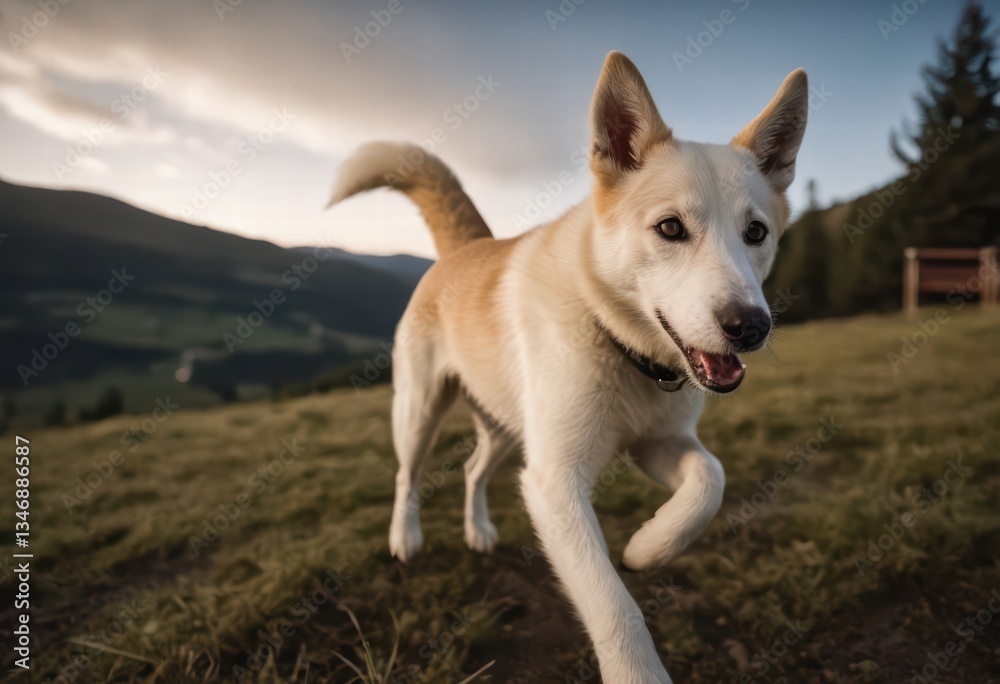 canaan dog running outdoors in the countryside, purebred doggy playing outside a mountain lodge in the meadown on the mountains canaan dog running outdoors in the countryside, purebred doggy playing outside a mountain lodge in the meadown on the mountains
