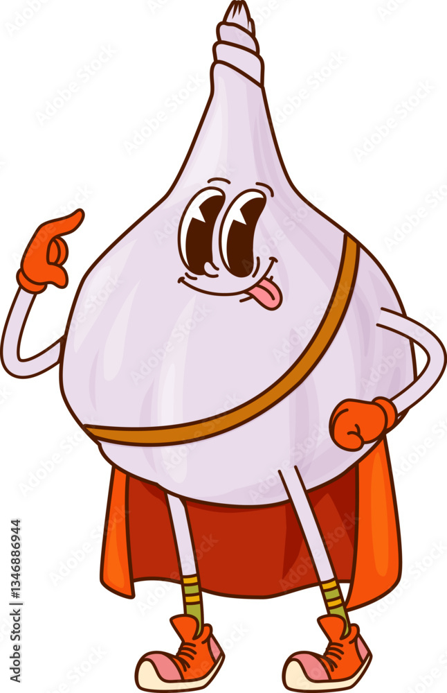 Fototapeta premium Groovy garlic superhero vegetable character. Isolated cartoon vector funny fantasy defender personage with sticking tongue. Fairytale powerful vigilante in cloak and sneakers. Healthy vitamin food