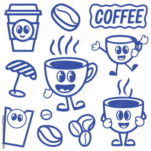 Vector outline design template and graphic elements for advertising, branding, posters and banners, funny cartoon illustrations with smiling characters, coffee cup mascot, print and sticker.