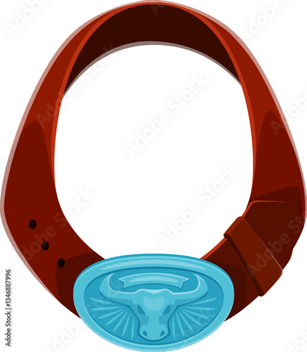 Letter O as a Western cowboy leather belt featuring blue buckle with bull head. Vector wild west font, typeface or type, sheriff English alphabet character as a cowpuncher or ranger vintage accessory