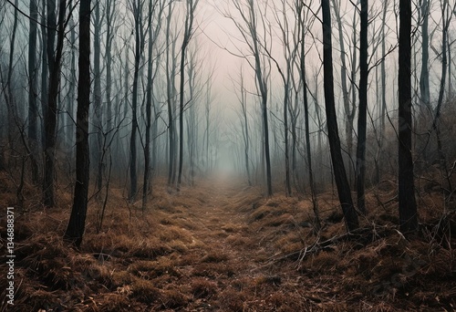 Misty forest path with barren trees in a dreamy atmosphere.