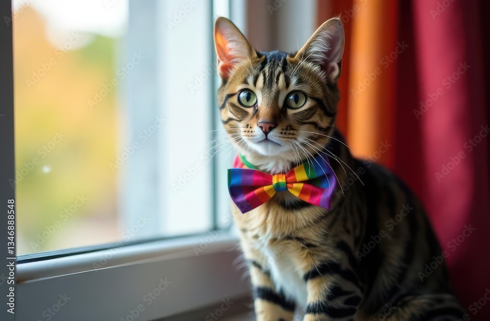 cat with rainbow bow tie on windowsill. pride month cat with rainbow bow tie on windowsill. pride month