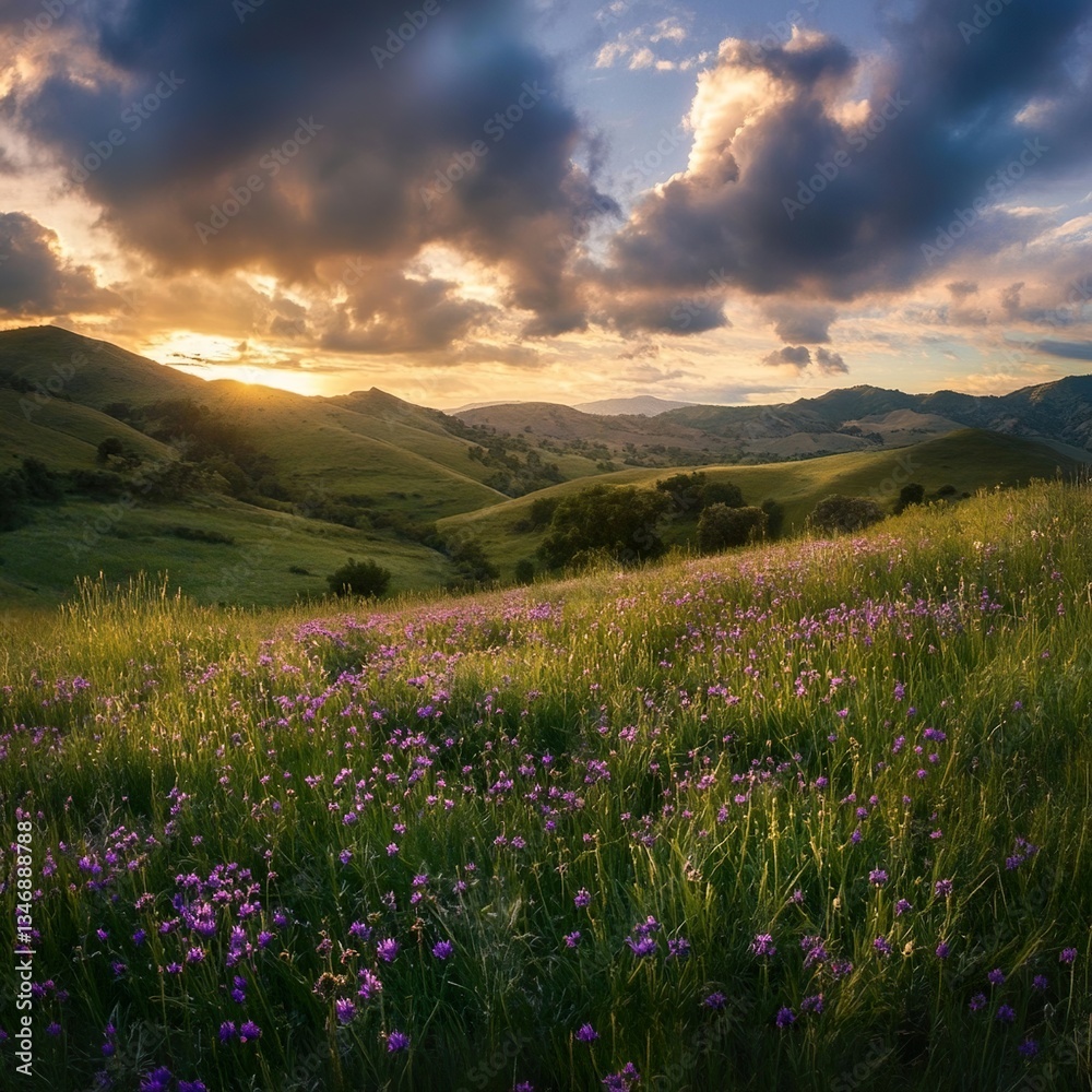 A meadow dotted with small purple wildflowers, surrounded by soft rolling hills under a dramatic cloudy sky. A meadow dotted with small purple wildflowers, surrounded by soft rolling hills under a dramatic cloudy sky.