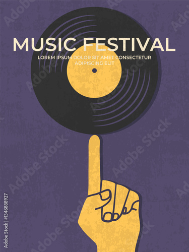 Music festival poster with a hand spinning vinyl record on an index finger. Music festival template. Vector illustration