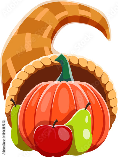 Autumn harvest font garden vegetables digit 6 six. Thanksgiving alphabet font figure, Fall season vector type number. Autumn harvest math typeface numeral symbol or autumnal kids ABC typeface digit