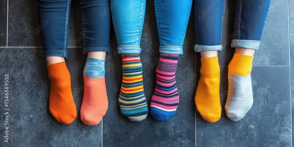 Fototapeta premium A group of people wearing multi-colored mismatched socks. Odd socks day, anti-bullying week social concept. Down syndrome awareness day.