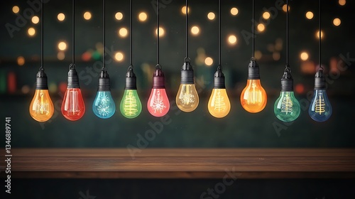 Colorful Edison bulbs hang in a row against a blurred festive background