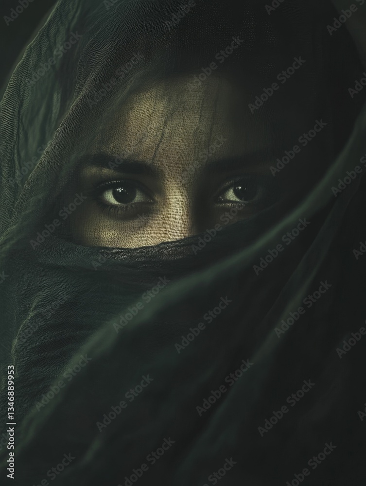 Naklejka premium Eyes peek from dark veil mysterious gaze